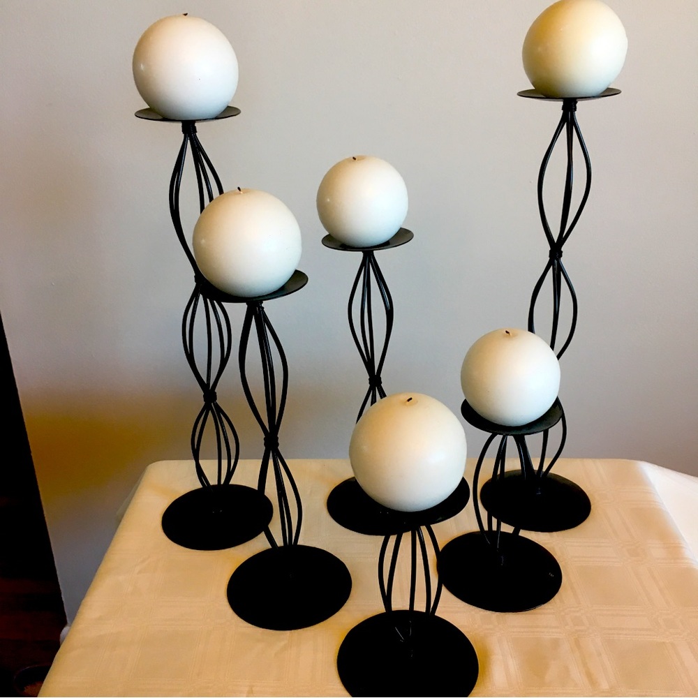 Set of six black wire candleholders with white ball candles